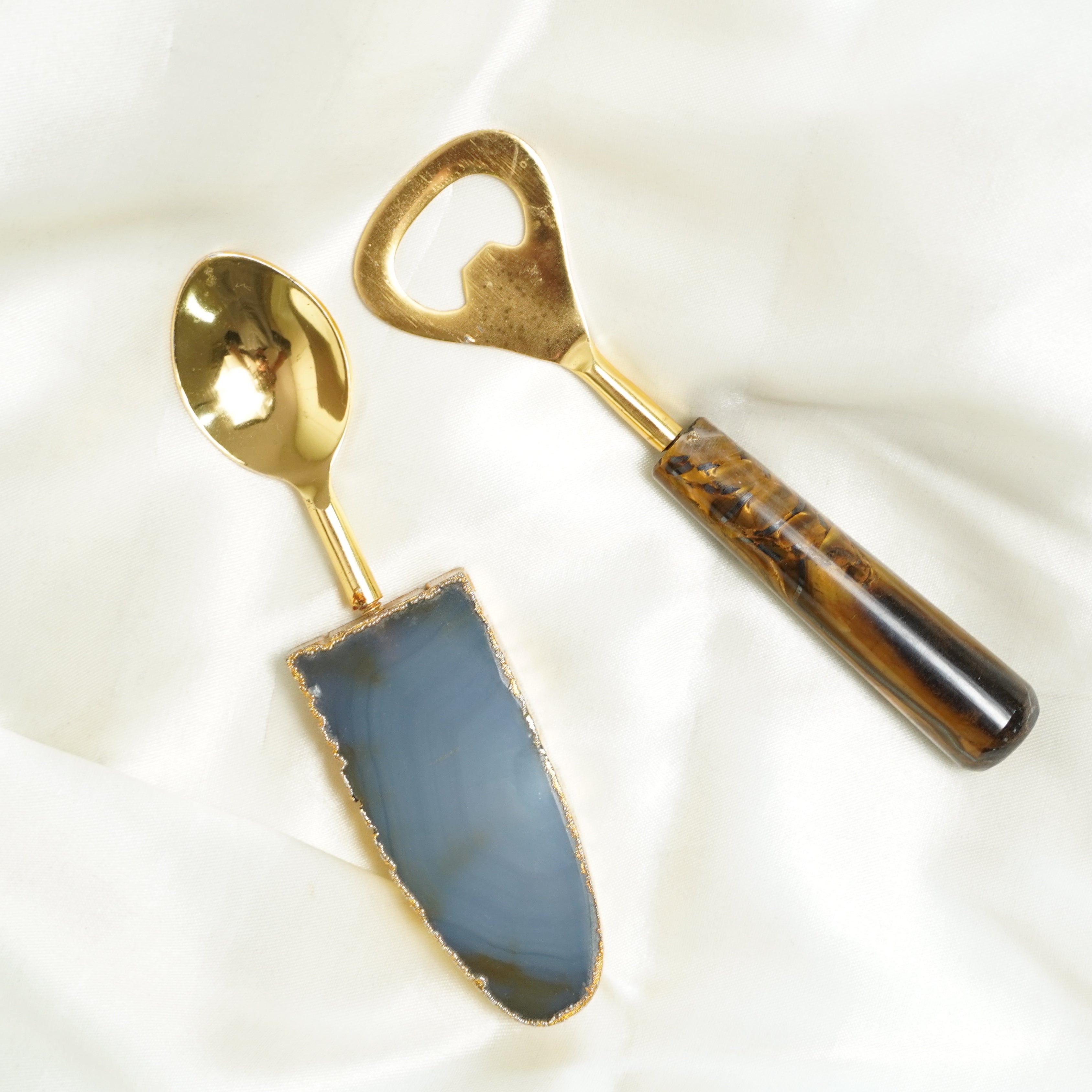 BIBELOT Handicrafts Agate Gold Salad Serving Spoon and Bottle Opener combo set (Gold Platted Edges and Stainless Steel)